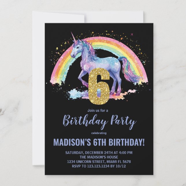 6e Rainbow Unicorn Birthday-inbjudningar Inbjudningar (Framsida)