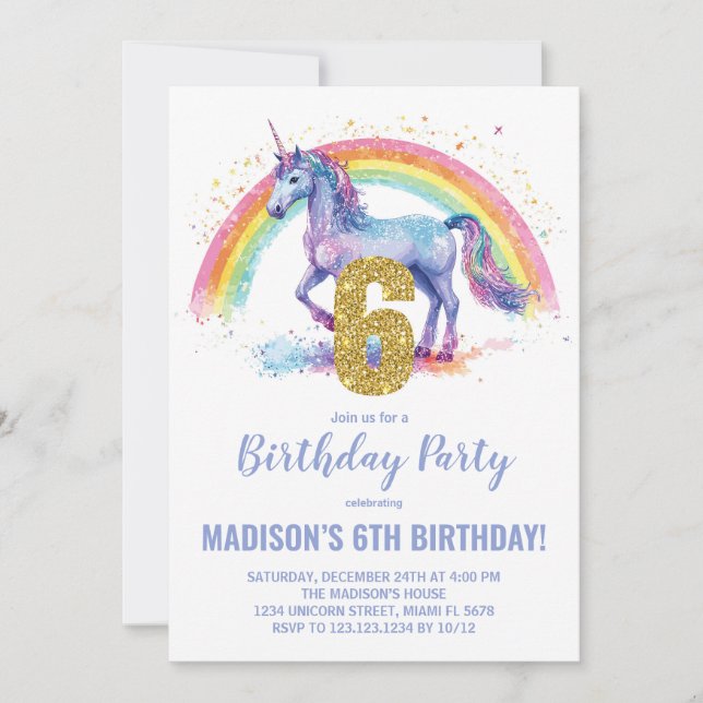 6e Rainbow Unicorn Birthday-inbjudningar Inbjudningar (Framsida)