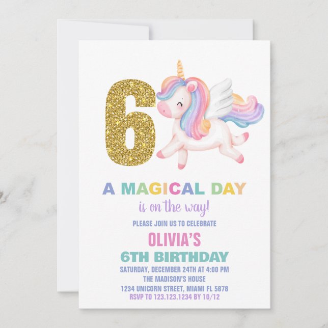6e Rainbow Unicorn Birthday-inbjudningar Inbjudningar (Framsida)