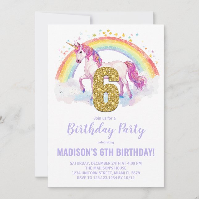 6e Rainbow Unicorn Birthday-inbjudningar Inbjudningar (Framsida)