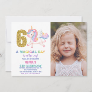 6e Rainbow Unicorn Birthday-inbjudningar med foto Inbjudningar