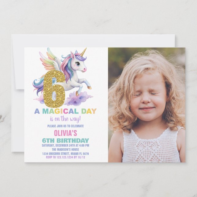 6e Rainbow Unicorn Birthday-inbjudningar med foto Inbjudningar (Framsida)