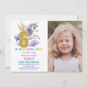 6e Rainbow Unicorn Birthday-inbjudningar med foto Inbjudningar