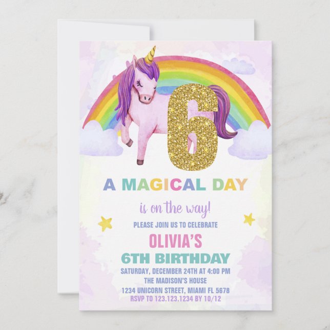 6e Rainbow Unicorn Birthday Invoud Inbjudningar (Framsida)