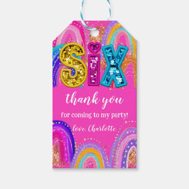 6e Regnbåge Shock rosa Party Presentetikett (Framsidan)