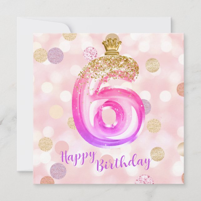 6e Rosa Lila Guld Birthday Girl Card Kort (Framsida)