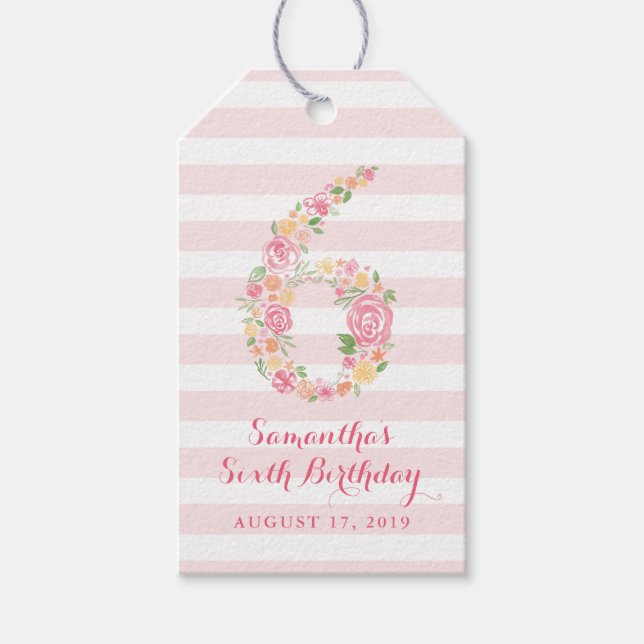 6e Rosa  Vattenfärgsfärg Blommigt SIX Presentetikett (Framsidan)