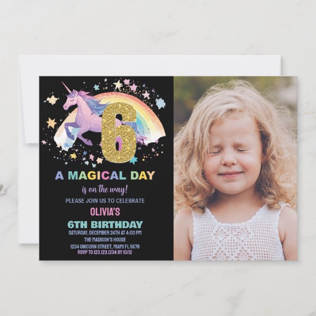 6e Unicorn Birthday-inbjudningar med foto Inbjudningar (Framsida)