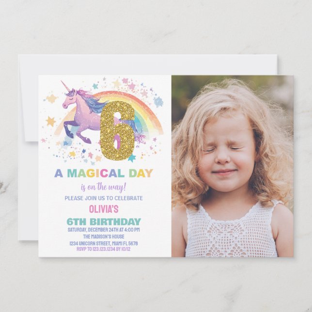 6e Unicorn Birthday-inbjudningar med foto Inbjudningar (Framsida)
