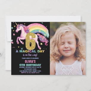 6e Unicorn Birthday-inbjudningar, svart med foto Inbjudningar