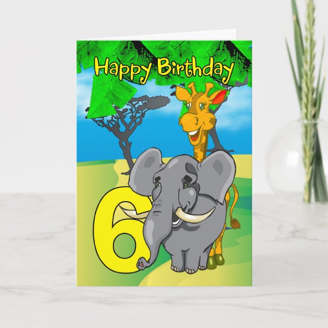 6efödelsedagkort - elefant, giraff, djungel kort (Framsida)