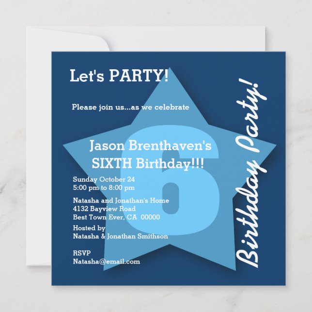 6efödelsedagpojke sex stora blåttstjärna K06 för Inbjudningar (Framsida)