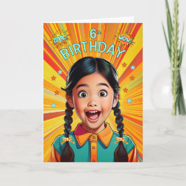 6th Birthday Asian American Girl Pop Art Style Kort