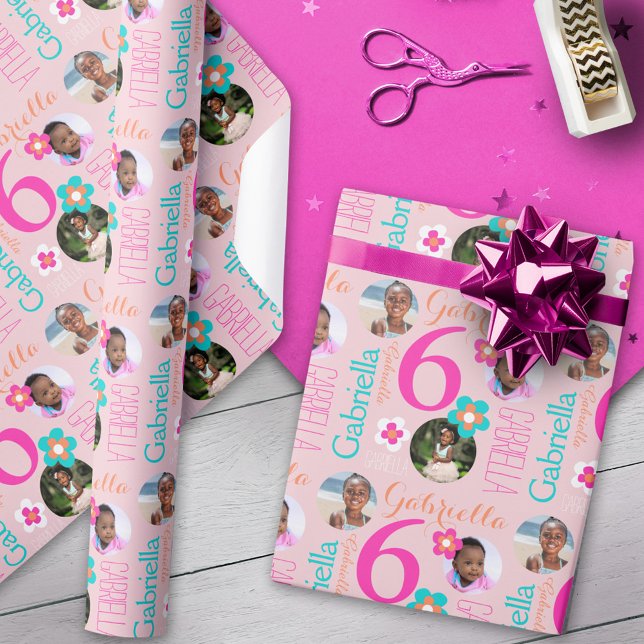 6th birthday flower custom name photos age kids presentpapper (Skapare uppladdad)