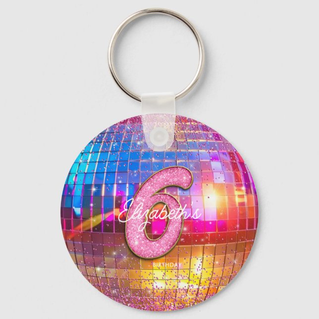 6th Birthday Party Gold Pink Glitter Disco Ball Nyckelring (Baksida)