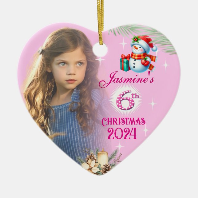 6th Christmas Personalised Girl Photo Heart Gift  Julgransprydnad Keramik (Framsidan)