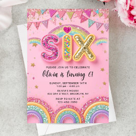 6th Pink Birthday Invitation Girl, 6th Pink Rainbo Inbjudningar