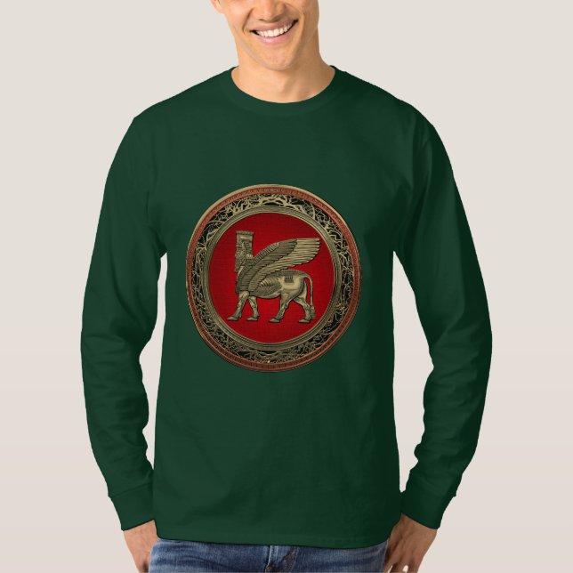 [700] Assyrian Winged Bull - Guld Lamassu T Shirt (Framsida)