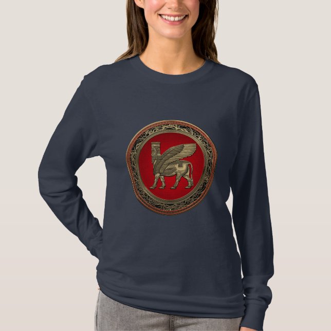 [700] Assyrian Winged Bull - Guld Lamassu T Shirt (Framsida)