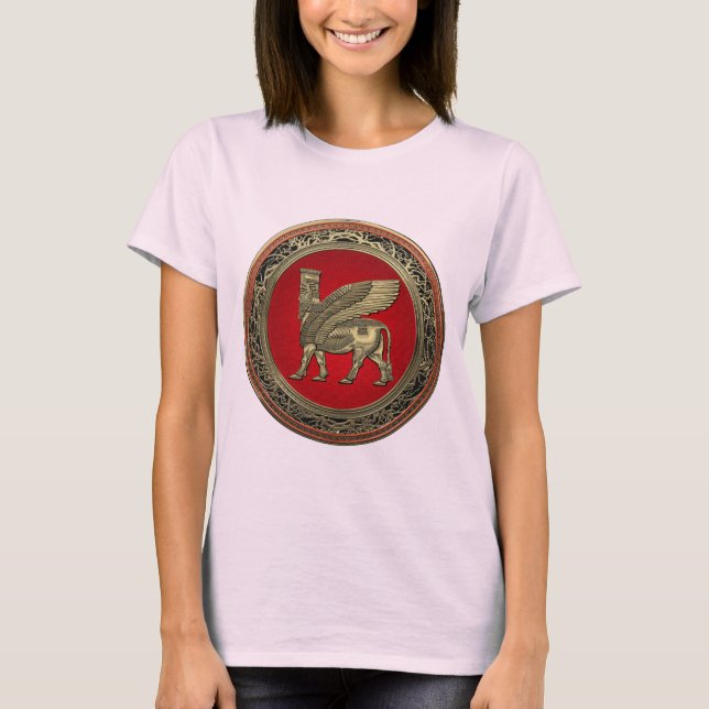 [700] Assyrian Winged Bull - Guld Lamassu T Shirt (Framsida)
