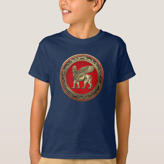[700] Assyriansk vind Lejon - Guld Lamassu T Shirt (Framsida)