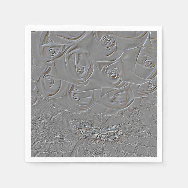 7060-E-Embossed Bröllop Bouquet med Ringar Pappersservett (Framsidan)