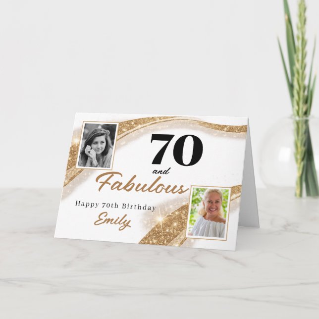 70 and Fabulous Gold Glitter Photo 70th Birthday Kort (Framsida)