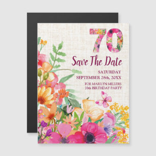 70 års Blommigt Linen 70:e födelsedagen Spara datu Magnetisk Inbjudningskort