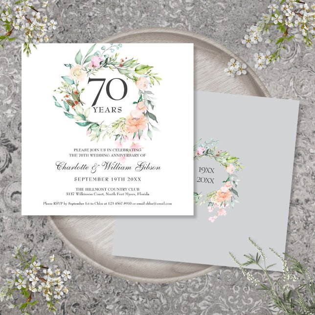 70-års bröllopsdag Vattenfärg Blommor Inbjudningar (70th Wedding Anniversary Watercolor Floral Invitation)