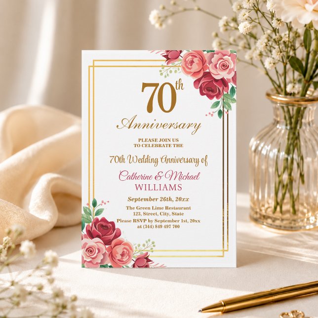70-års bröllopsjubileum Guld ram Blommig Inbjudningar (Skapare uppladdad)
