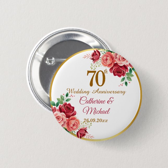 70-års bröllopsjubileum Guld ram Blommig Knapp (Framsida & baksida)