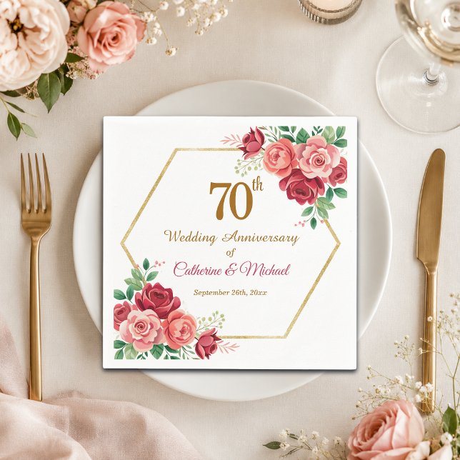 70-års bröllopsjubileum Guld ram Blommig Pappersservett (Skapare uppladdad)