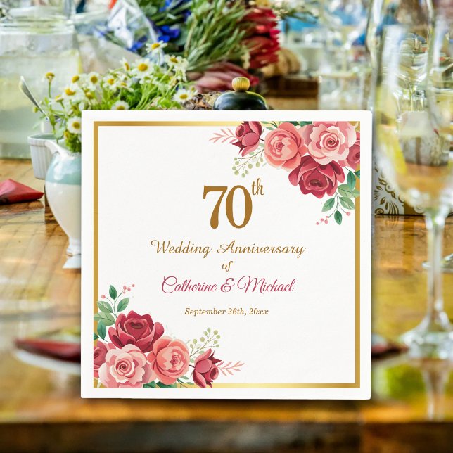 70-års bröllopsjubileum Guld ram Blommig Pappersservett (Skapare uppladdad)