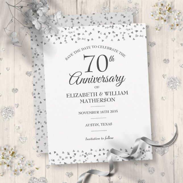 70-års bröllopsjubileum Kärlekshjärtan Spara datum Vykort (70th Wedding Anniversary Love Hearts Save the Date Postcard)