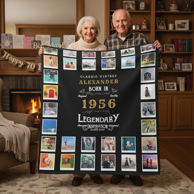 70-års födelsedags fotokollage far farfar fleecefilt (1956 fleece blanket photo collage held by elderly couple.)