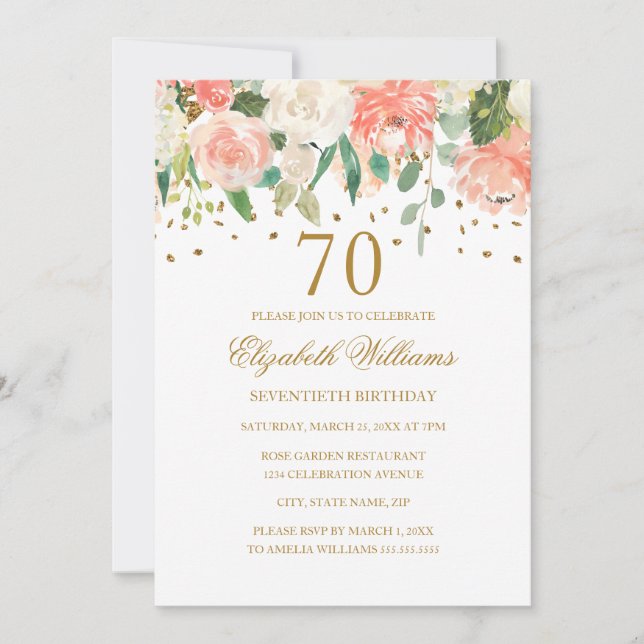 70-års födelsedags roséguld blommig inbjudan (Framsida)