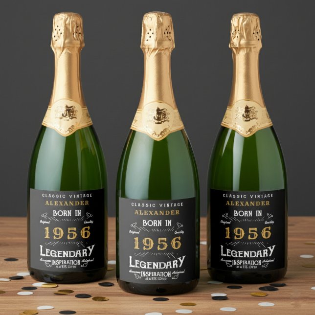 70-års födelsedagslegend Tillägga ditt namn 1956 V (Born 1956 sparkling wine bottle labels. Grey background.)