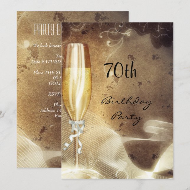 70-års Sepia Champagne Glas Inbjudningar (Fram/baksida)