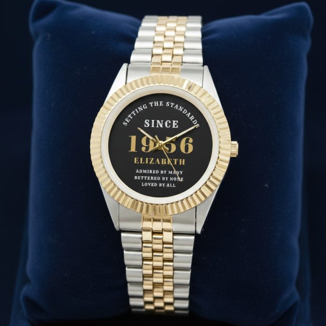 70-årsdag 1956 Elegant svart vit chic Armbandsur (Born 1956 birthday watch on a blue background.)