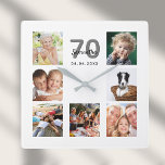 70-årsdag anpassningsbar fotokollage-familj fyrkantig klocka<br><div class="desc">En väggklocka som en gåva till en 70-årsdag för en kvinna som firar sitt liv med en kollage av 7 av dina foton. Anpassa och lägg till namn,  70 år och ett datum. Födelsedatum eller födelsedatum. Svart och grått färgad brev. En vit chic bakgrund.</div>