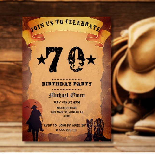 70-årsdag cowboygammal papper häst som rider party inbjudningar (Skapare uppladdad)