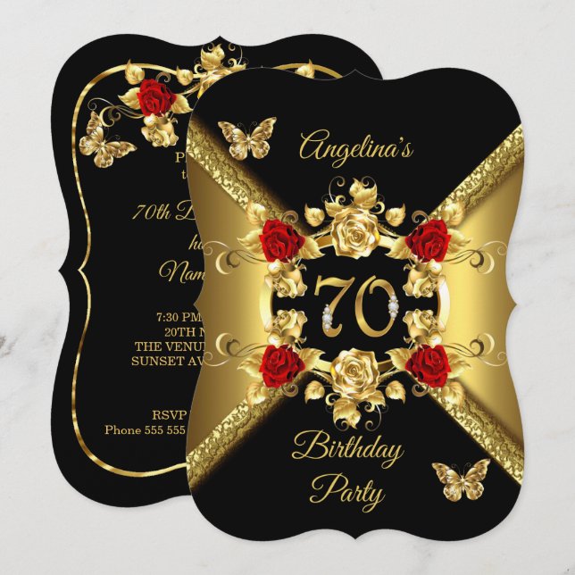 70-årsdag Eleganta Gula Röda Rosor Svarta Inbjudningar (Fram/baksida)