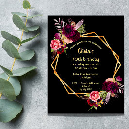 70-årsdag, guld-geometrisk svart blommigt inbjudningar