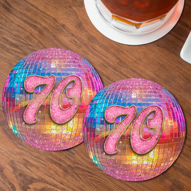 70-årsdag Guld Rosa Glitter Dansande Disco Boll Underlägg Papper Rund (Skapare uppladdad)