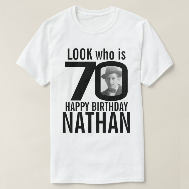 70-årsdag, mono, 70-anpassningsbars foto och namn t shirt (Design framsida)
