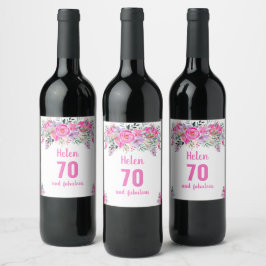 70-årsdag rosa blommigt vin etikett
