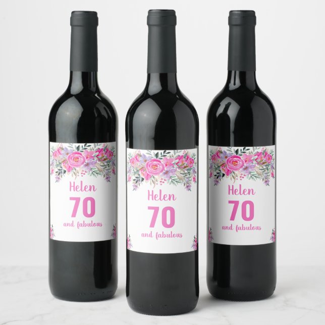 70-årsdag rosa blommigt vin etikett (Flaskor)