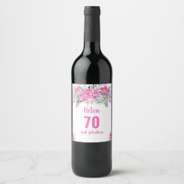 70-årsdag rosa blommigt vin etikett