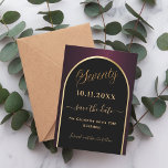 70-årsdagars svart burgundy guld arch spara datumet<br><div class="desc">A Spara datumkortet för en 70:e födelsedagsfest. En svart och burgundisk bakgrund,  dekorerad med faux guld arch. Anpassa och lägg till ett datum och ditt namn. Texten: Sjuttio och Spara datumet skrivs med ett stort trendig-handskript med stil.</div>