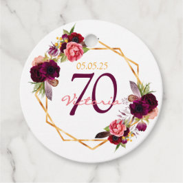 70-årsdagen blommigt guld geo burgundy namn gåvor etiketter